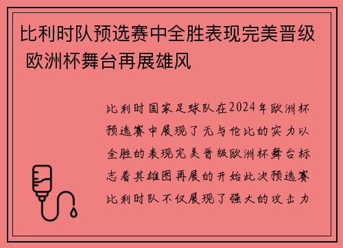 比利时队预选赛中全胜表现完美晋级 欧洲杯舞台再展雄风